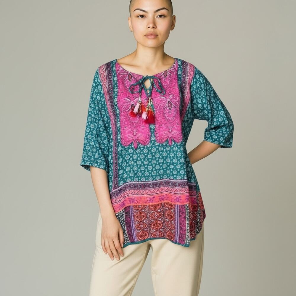 Anandas Collection Boho Peasant Blouse with Tassels Size XL